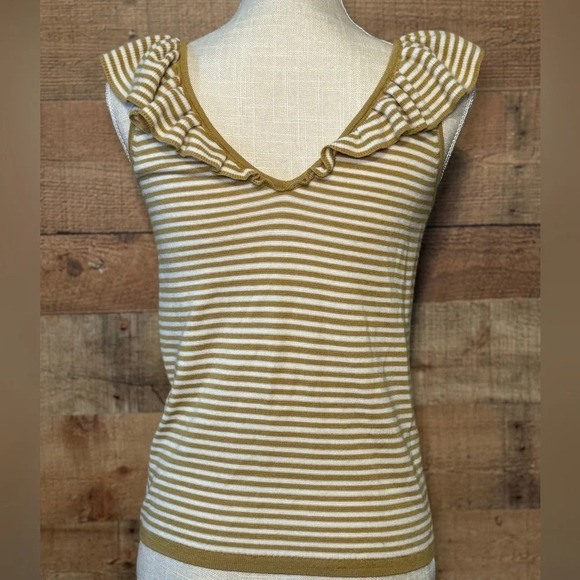 🌻 Madewell Belhaven Ruffle Sweater Tank sz Small Cream Camel Stripe Merino Wool - Picture 4 of 6